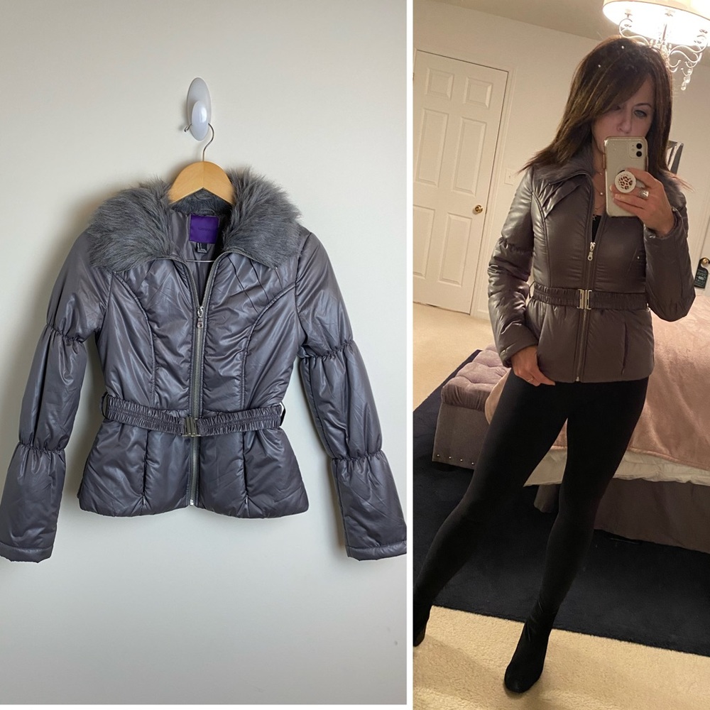 FOREVER 21 Belted Puffer Coat Faux Fur Lapel Grey SMALL